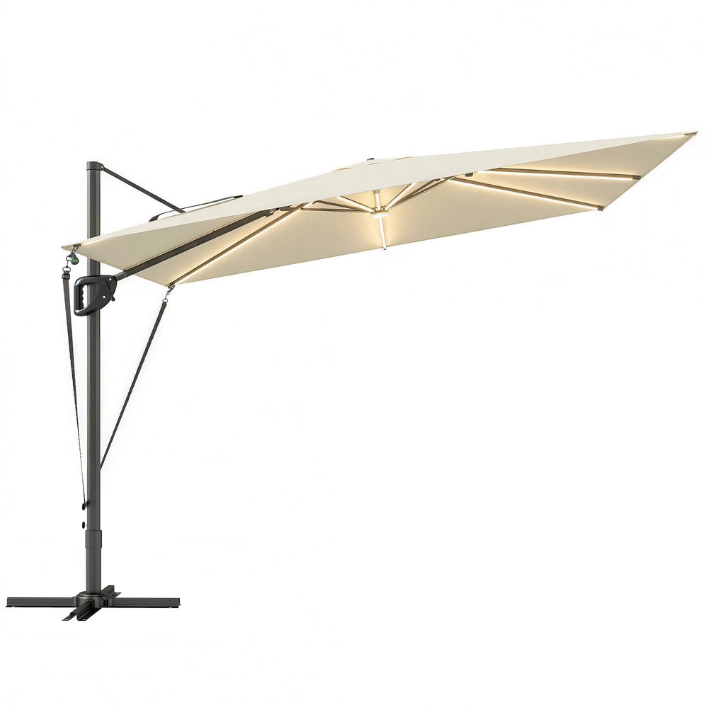 Outsunny 3 x 3 m Garden Cantilever Parasol w/ Light, Cover, UPF50+ Patio Umbrella w/ Wind Protection, 360 degrees Rotation, Cream White
