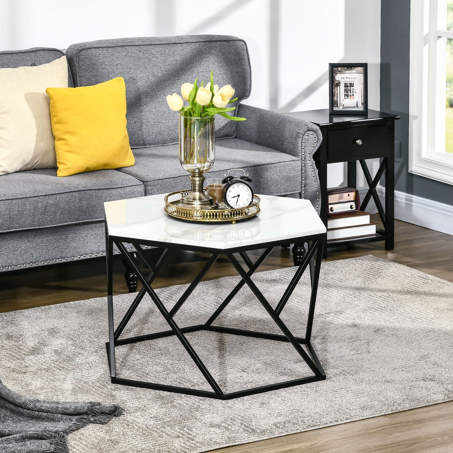 Coffee Table with High Gloss Marble Tabletop, Modern Cocktail Table with Steel Frame for Living Room, White