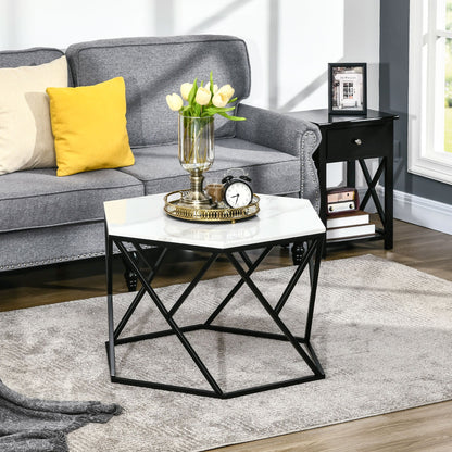 Coffee Table with High Gloss Marble Tabletop, Modern Cocktail Table with Steel Frame for Living Room, White