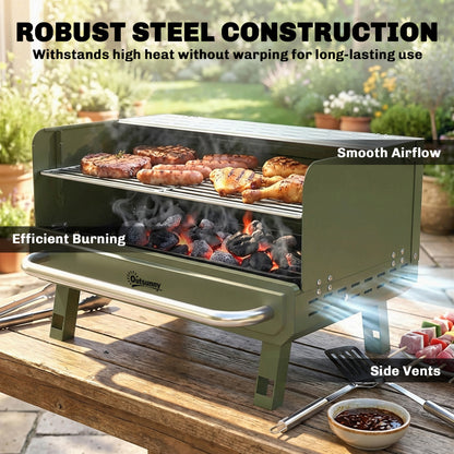 Outsunny Portable BBQ Grill, Charcoal Barbecue Grill with Adjustable Grates, Foldable Legs, Side Shelf for Camping Travel, Green