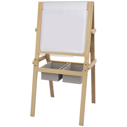 AIYAPLAY Kids Easel with Paper Roll, 3 in 1 Art Easel for Toddlers, Double-Sided Kids Whiteboard Blackboard with Storage Baskets for Ages 3-6 Years - Natural Wood Finish