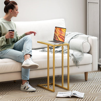 HOMCOM C-Shaped Side Table, Modern Slim End Table with Tempered Glass Tabletop, Steel Frame for Small Space, Living Room, Bedroom, Gold Tone