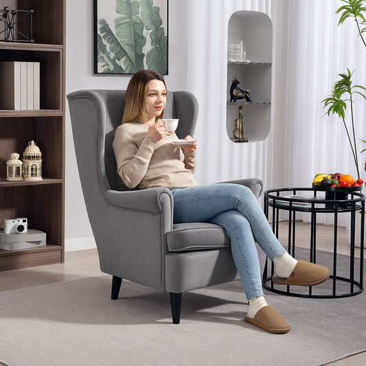 HOMCOM Modern Accent Chair, Upholstered Wingback Armchair with High Backrest and Pillow, Velvet-Feel Fabric Reading Chair with Solid Wood Legs for Living Room, Bedroom, Home Office, Dark Grey