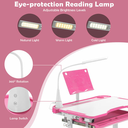 Height Adjustable Kid's Tilted Desk Set with Lamp &amp; Drawer-Pink