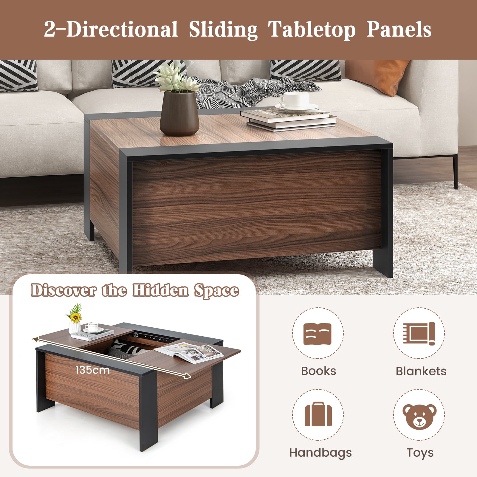 92cm Square Coffee Table with Sliding Top and Hidden Compartment-Walnut