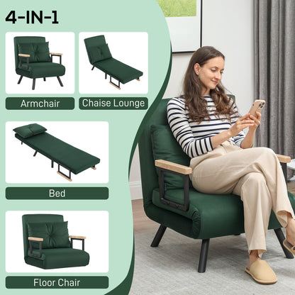 HOMCOM 4-in-1 Velvet-Feel Single Chair Bed, with Pillow - Green