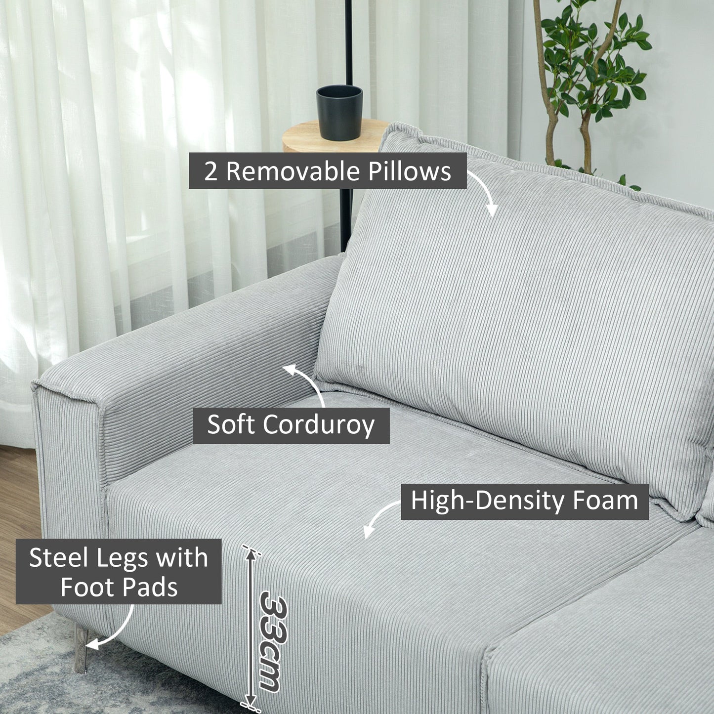 HOMCOM Three-Seater Corduroy - Light Grey