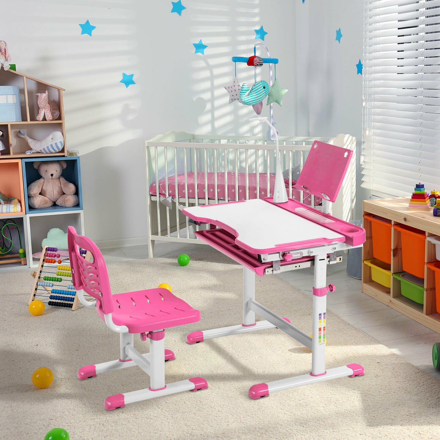 Height Adjustable Kid's Tilted Desk Set with Lamp &amp; Drawer-Pink