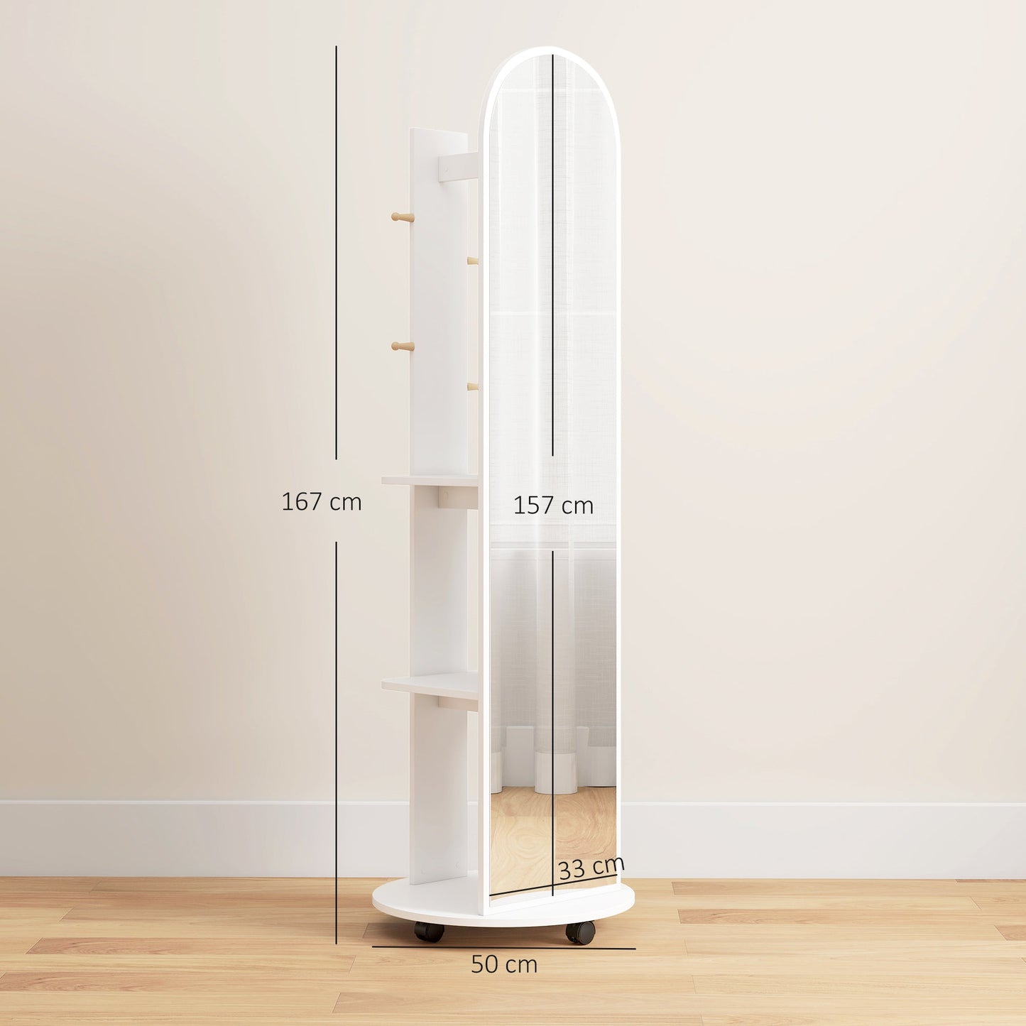 HOMCOM 2-in-1 Full Length Mirror with Storage Shelves, Floor Mirror with 4 Wheels, Coat Rack, Hooks, White
