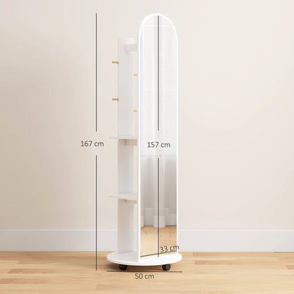 HOMCOM 2-in-1 Full Length Mirror with Storage Shelves, Floor Mirror with 4 Wheels, Coat Rack, Hooks, White