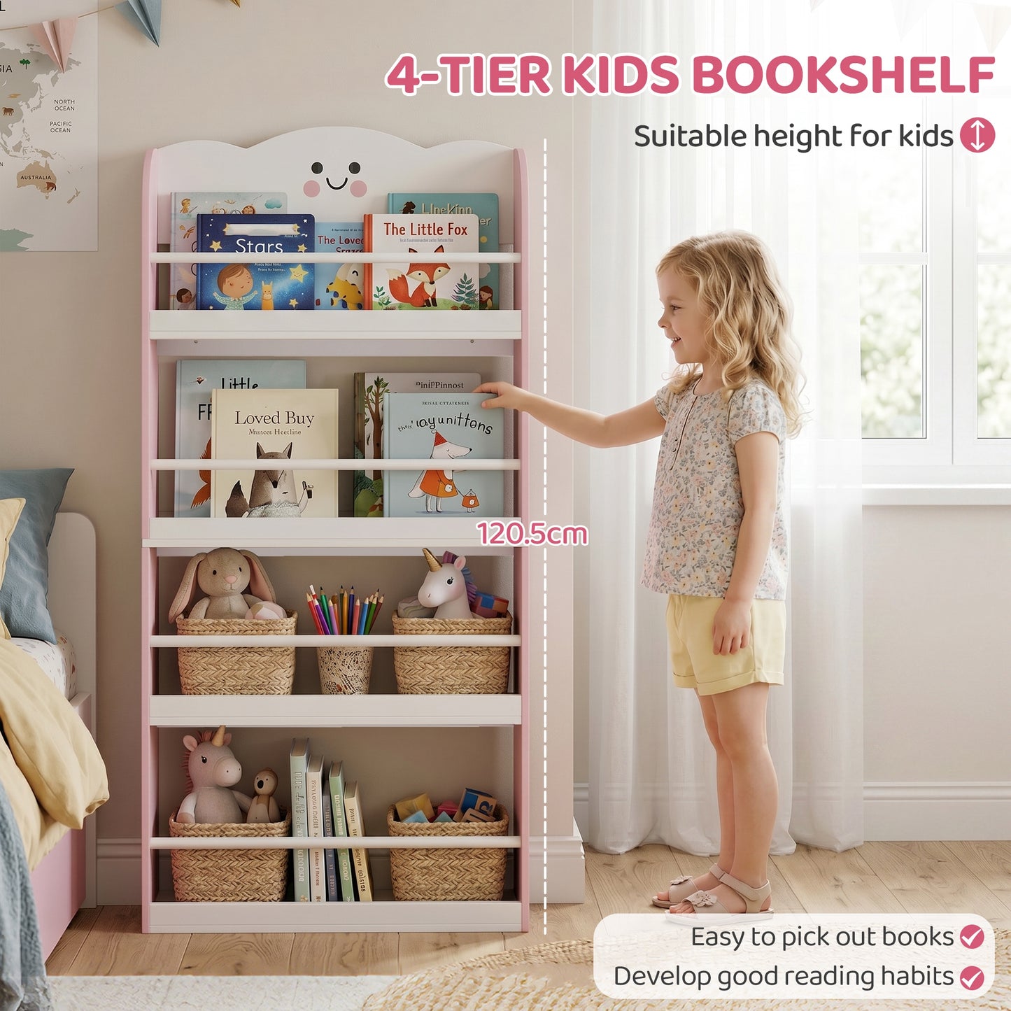 AIYAPLAY 4 Tier Kids Bookshelf, Children Bookcase with Anti-Tip Kit, Toddler Space-Saving Bookcase for Kids Room, Playroom, Pink