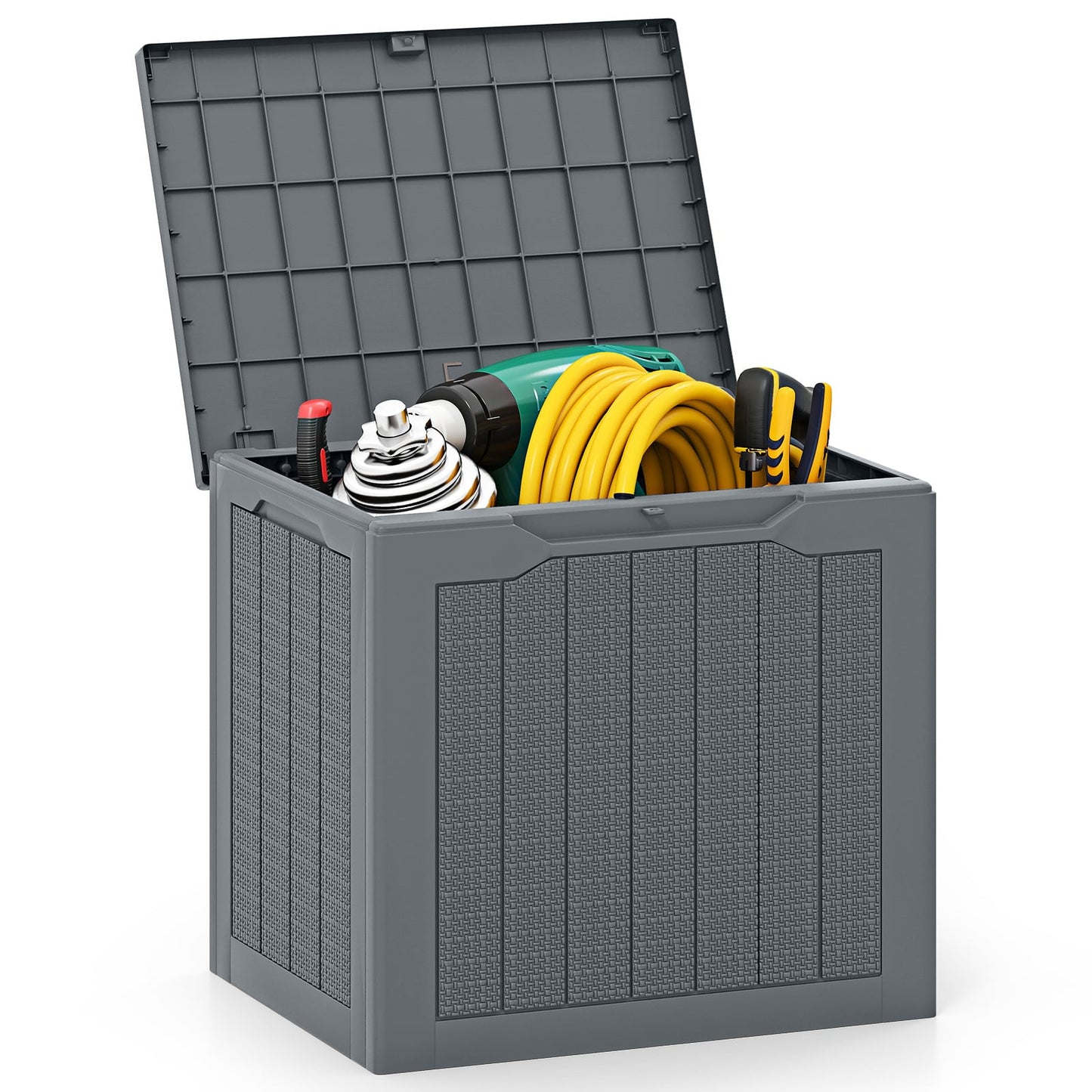 96L Outdoor Storage Box with Lockable Lid and Wicker-Woven Texture-Grey