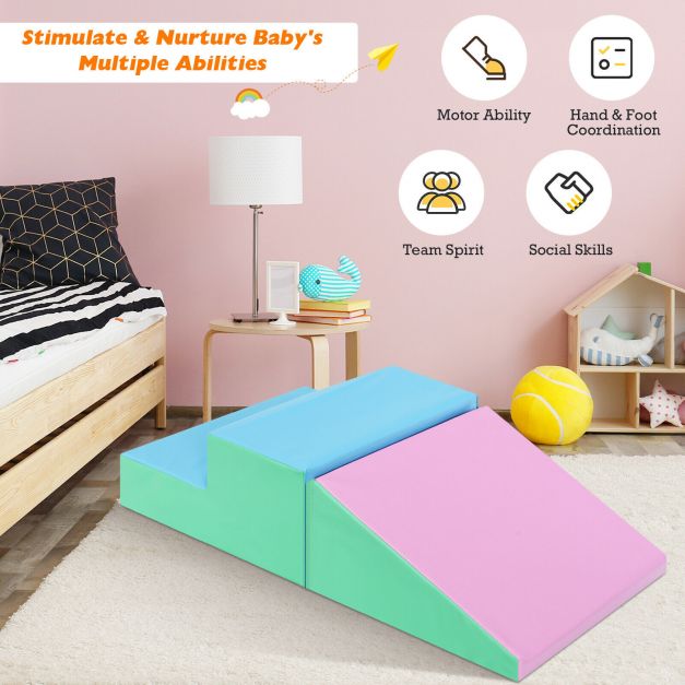 2 Pieces Soft Foam Indoor Toddler Climb Slide Activity Play Set-Pink