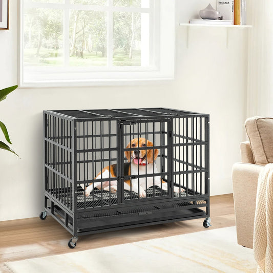 96/120cm Metal Dog Cage Foldable with Double Door and Wheels-M