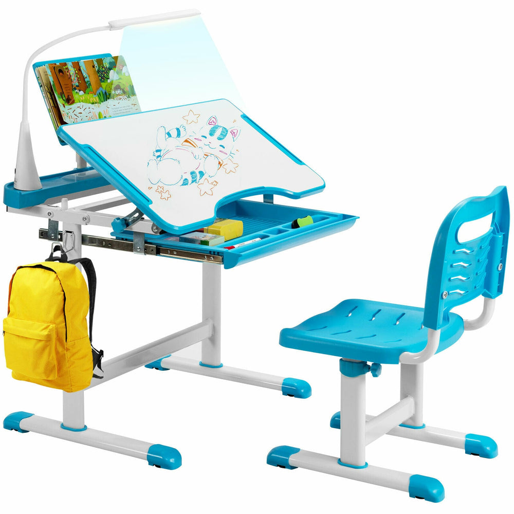 Height Adjustable Kid's Tilted Desk Set with Lamp &amp; Drawer-Blue