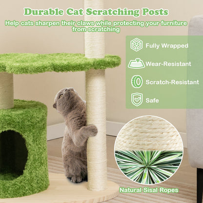 97 cm Cute Cat Tree with Fully Wrapped Sisal Scratching Posts-Green