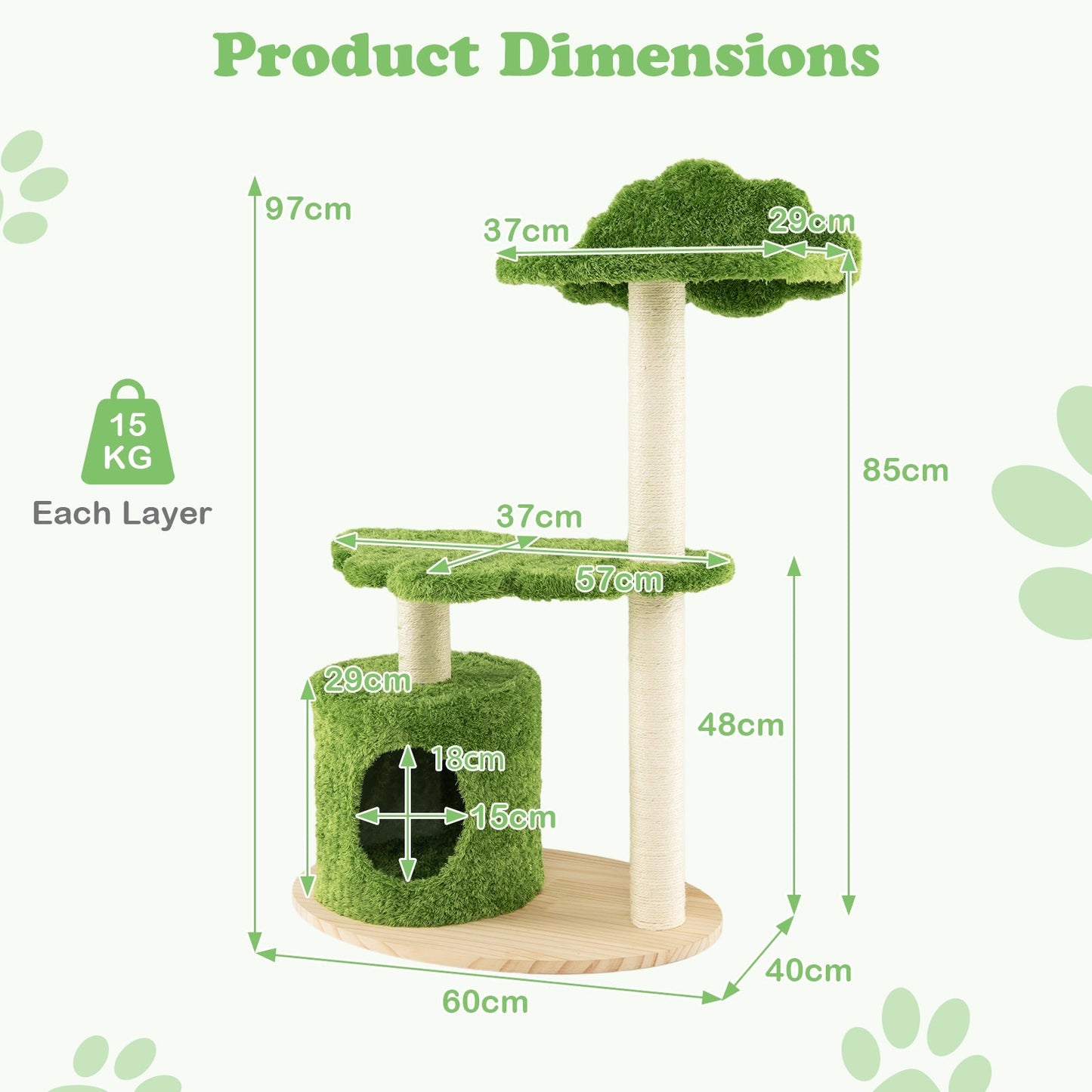 97 cm Cute Cat Tree with Fully Wrapped Sisal Scratching Posts-Green