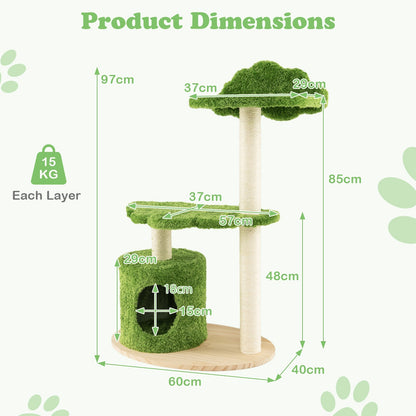 97 cm Cute Cat Tree with Fully Wrapped Sisal Scratching Posts-Green