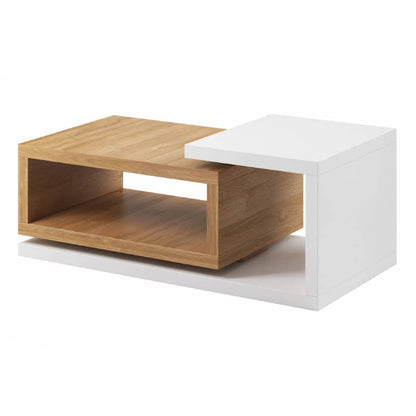 Two-tone coffee table with wooden shelf and white top on a white background