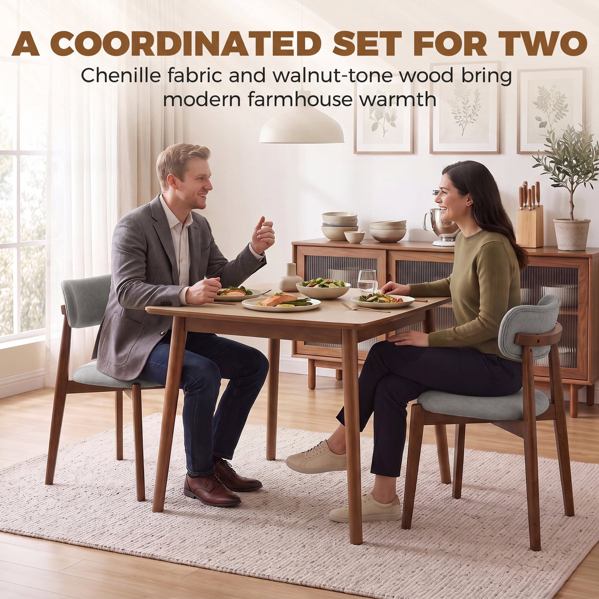 HOMCOM Dining Chairs Chenille Upholstered Kitchen Chairs Curved Backrest Rubberwood Legs Grey