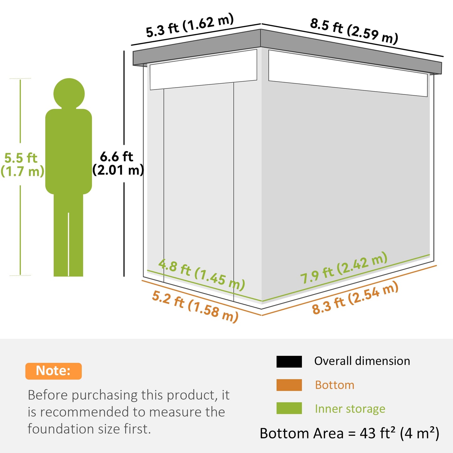 Outsunny 5.3 x 8.5ft Galvanised Steel Garden Shed, Metal Shed with Roof Windows, Leakage Holes and Lockable Wide Door for Outdoor Patio Tool Storage