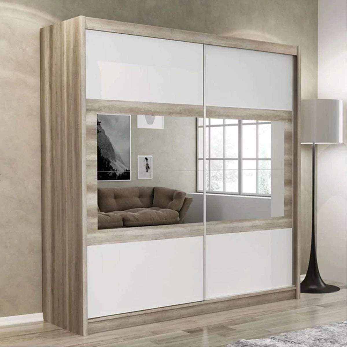 Windsor Sliding Door Mirror 203cm Wardrobe - Oak Canyon and White