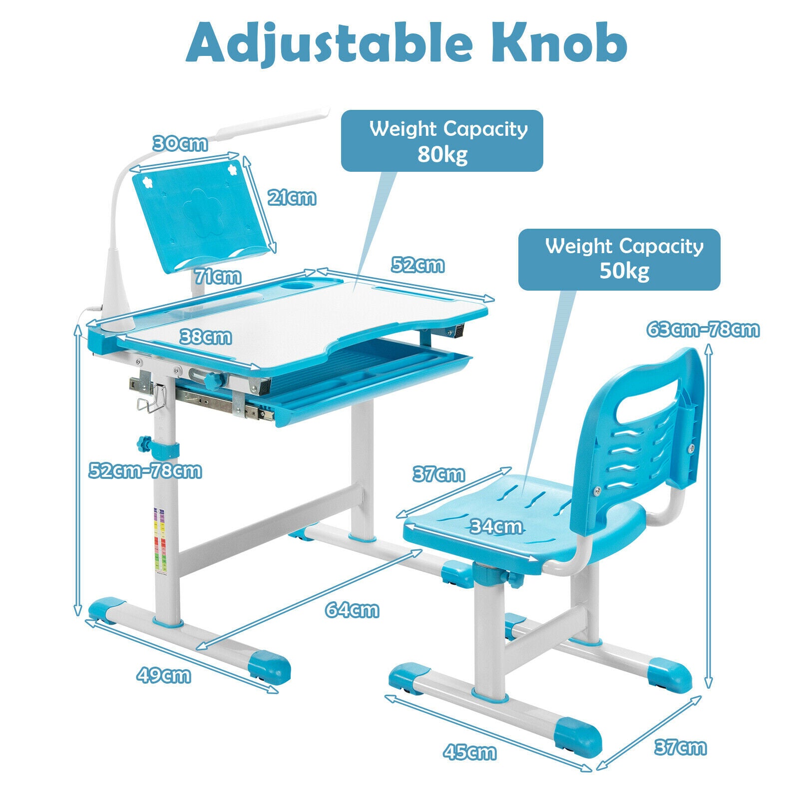 Height Adjustable Kid's Tilted Desk Set with Lamp &amp; Drawer-Blue
