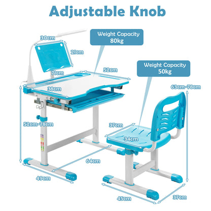 Height Adjustable Kid's Tilted Desk Set with Lamp &amp; Drawer-Blue