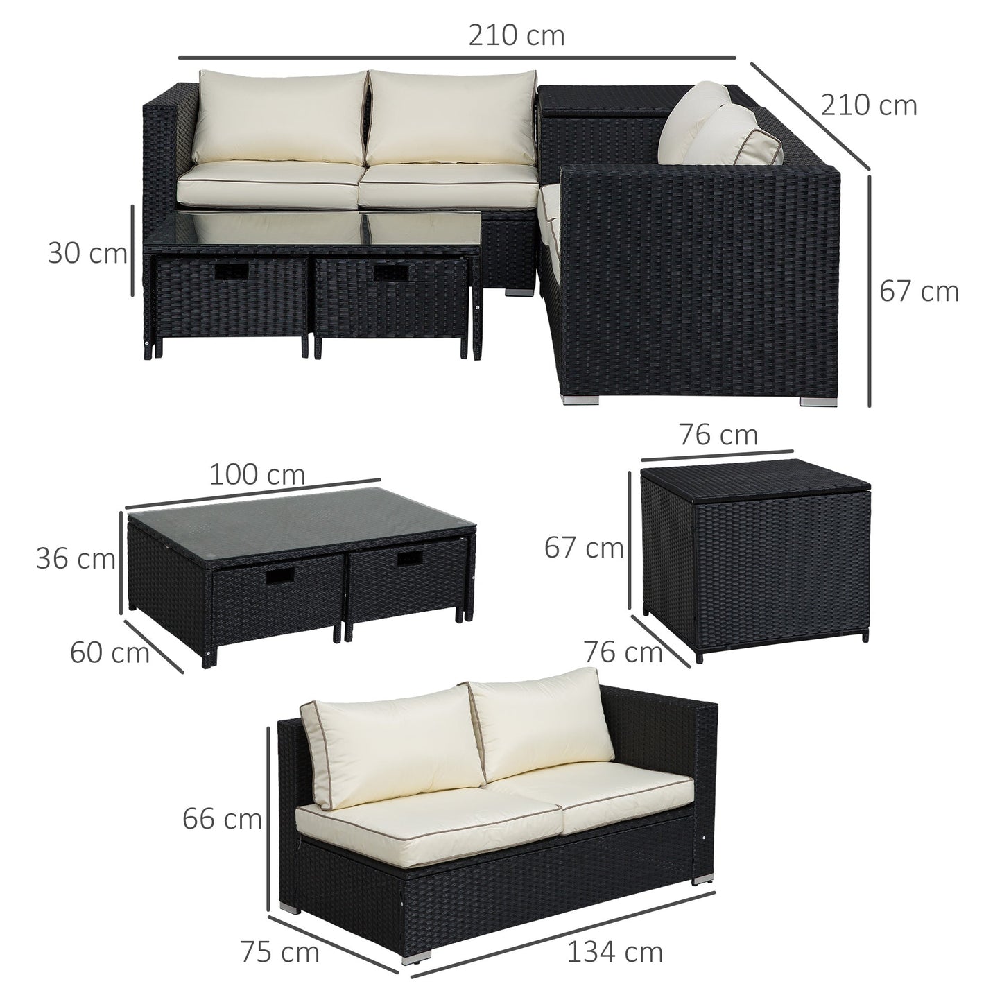 Outsunny 4 Pieces Rattan Garden Furniture Set, 4 Seater Corner Sofa Set with Storage Box, 2 Drawers Coffee Table, Loveseats with Cushions, Wicker Garden Conservatory Furniture for Balcony, Black