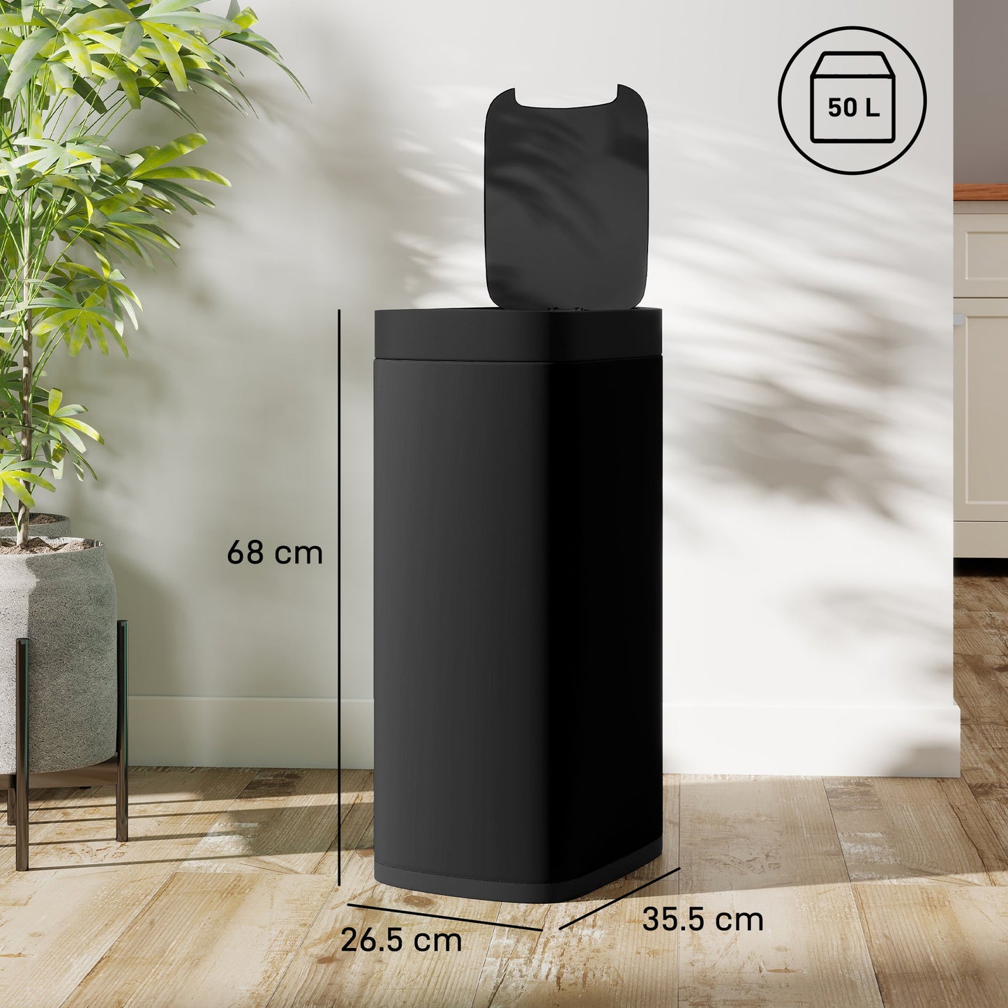 HOMCOM 50L Sensor Bin, Automatic Kitchen Bin, Manual Override, Battery Operated, Inner-Bucket-Free, for Kitchen, Bedroom, Black