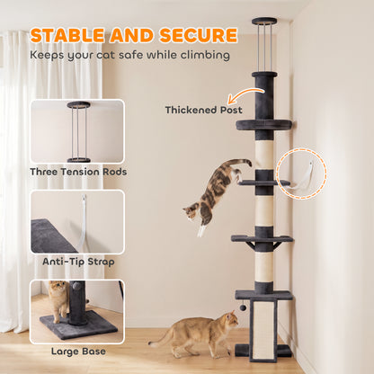 PawHut Floor to Ceiling Cat Tree, 230-260 cm Adjustable 5-Level Cat Tower with 3 Top Tension Rods, Bed, Hammock, Dark Grey