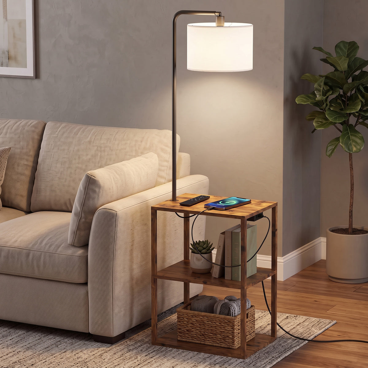 HOMCOM Dimmable Floor Lamp with Shelves, Charging Station, 3-Tier Storage Table, Adjustable Fabric Lampshade, Rustic Brown