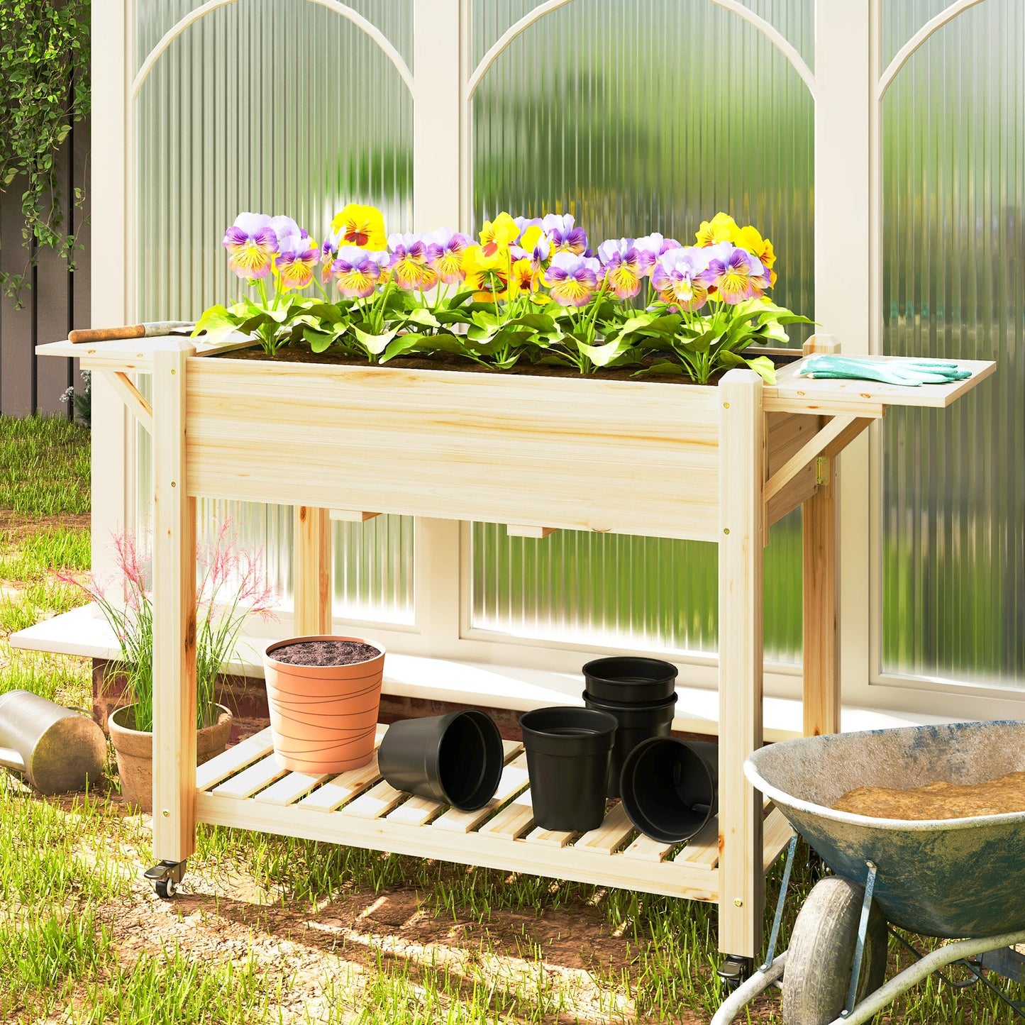 Outsunny 46 x 94cm Wooden Raised Planter, with Shelves - Natural Finish