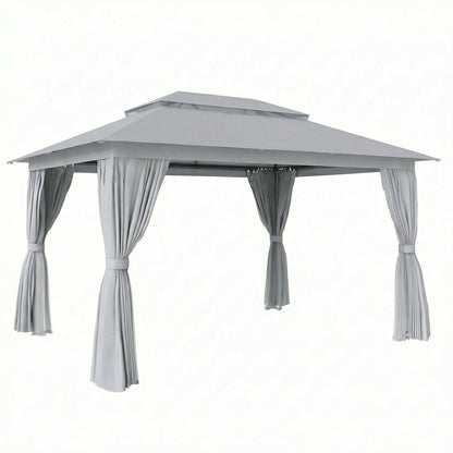 Outsunny 3 x 4 m Outdoor Garden Gazebo with Netting and Curtains, UPF50+ Patio Gazebo Permanent Pavilion Canopy, Dark Grey
