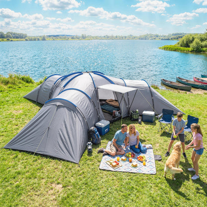 Outsunny 6-9 Man Large Tunnel Tent with 3 Bedrooms, Living Area and Porch, Stand-up Camping Tent, Portable with Bag, Light Grey