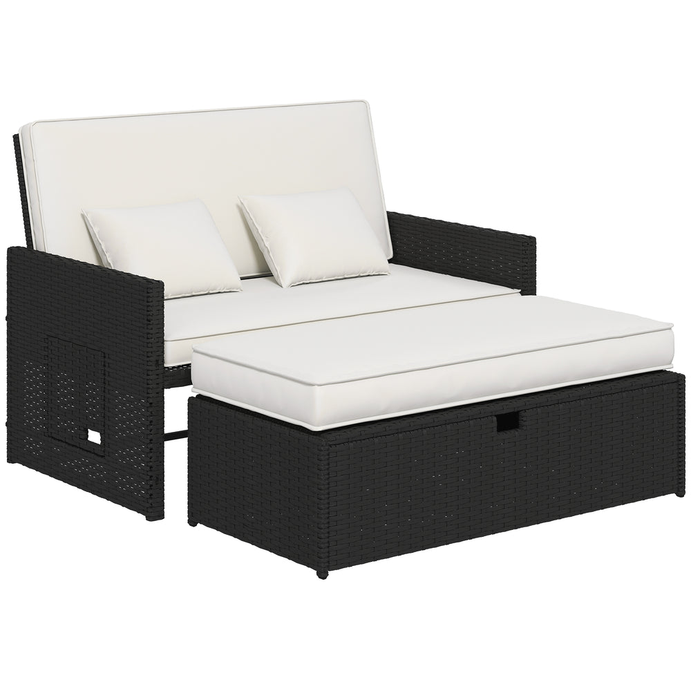 Outsunny Rattan Garden Daybed, Double Sun Lounger with 5-Level Adjustable Back, Storage Ottoman, Cream White
