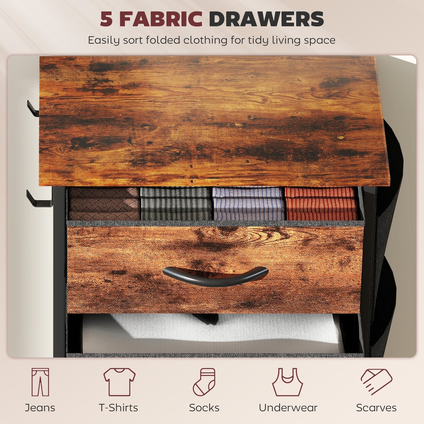 HOMCOM Chest of Five Fabric Drawers - Rustic Brown