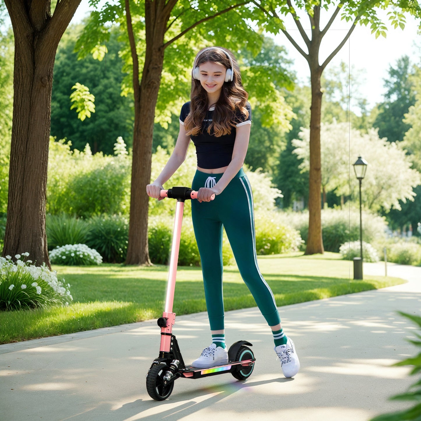 SPORTNOW Folding Electric Scooter for Kids, with Dual Brakes, Front Suspension, LED Colourful Lights, Pink