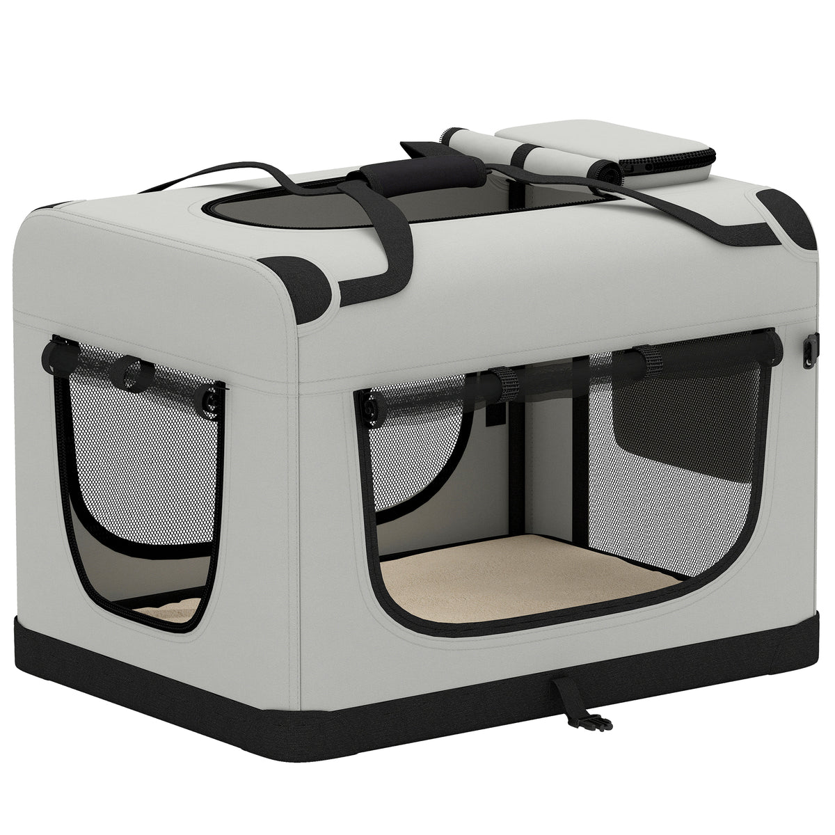 PawHut Pet Carrier Bag, Soft-Sided Dog Carrier with Security Buckle Strap, Washable Cushion and Folded Bowl, Light Grey