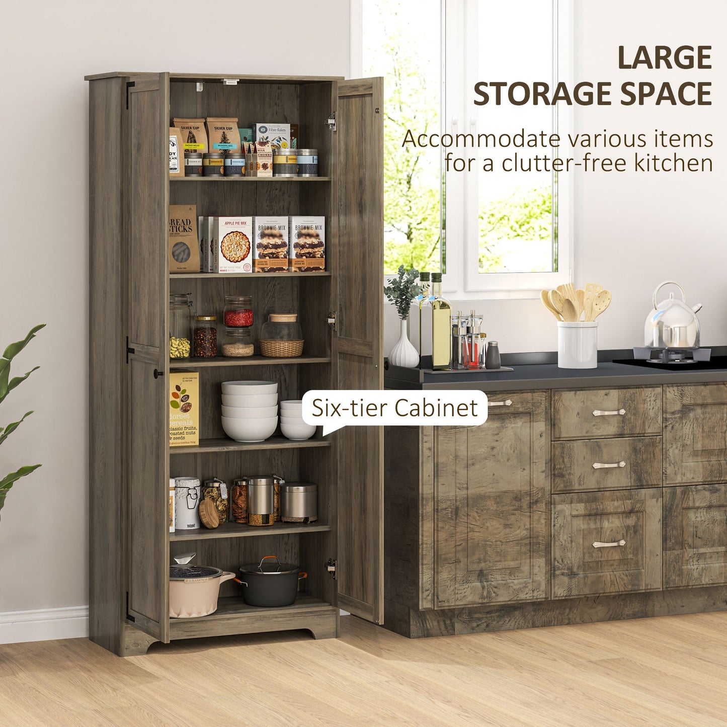 HOMCOM Farmhouse Kitchen Cupboard, Freestanding Kitchen Storage Cabinet with Adjustable Shelves, Tall Storage Cabinet with Recessed Doors, Grey Wood-Effect