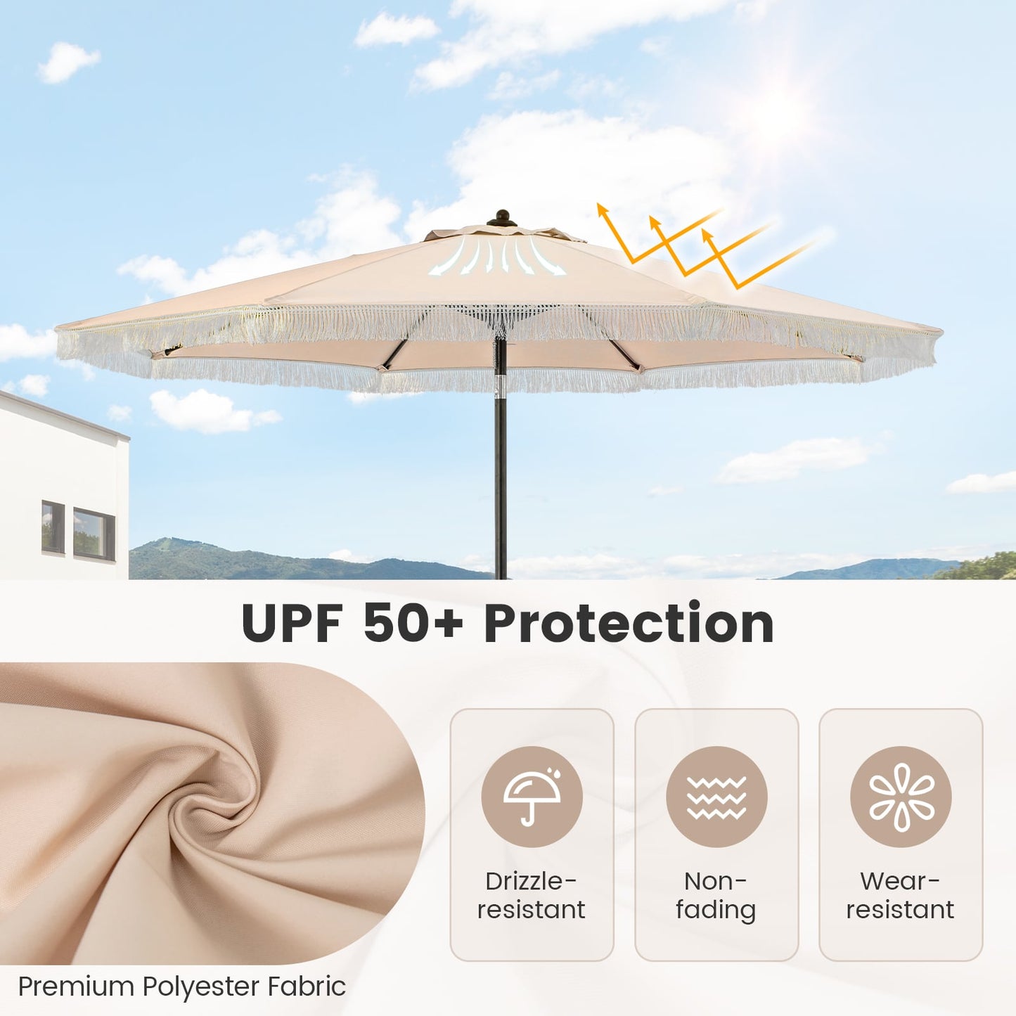 9 FT Patio Umbrella with Fringe Tassel Umbrella with Tilt and Crank-Beige