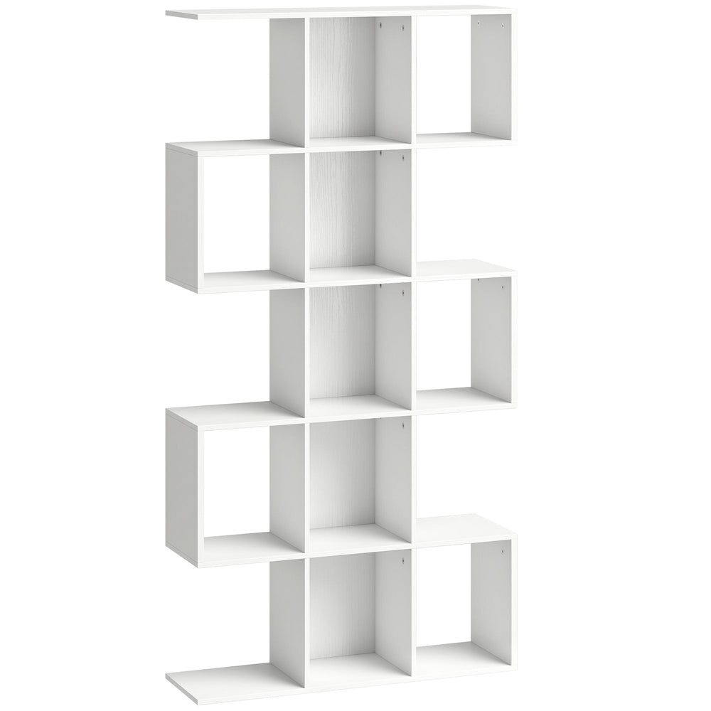 HOMCOM 5-Tier Bookshelf, S Shaped Geometric Bookcase with 15 Compartments, White Wood Effect