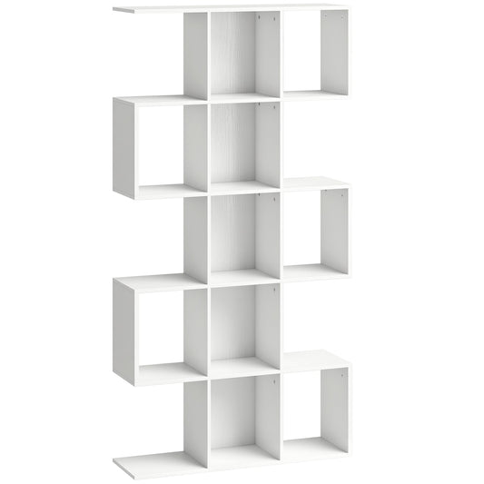 HOMCOM 5-Tier Bookshelf, S Shaped Geometric Bookcase with 15 Compartments, White Wood Effect