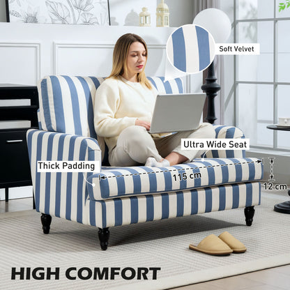 HOMCOM Modern Cuddle Chair, Velvet Single Sofa Armchair with Stripe, Turned Legs and Wide Seat, Upholstered Snuggle Chair for Living Room, Bedroom, Blue and White