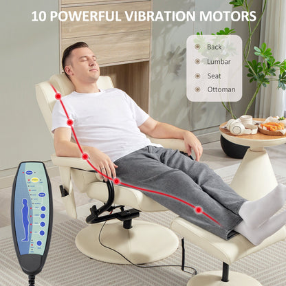 HOMCOM Swivel Recliner Chair and Footstool, Faux Leather Massage Recliner Armchair with Remote Control and Round Wrapped Base, Cream White