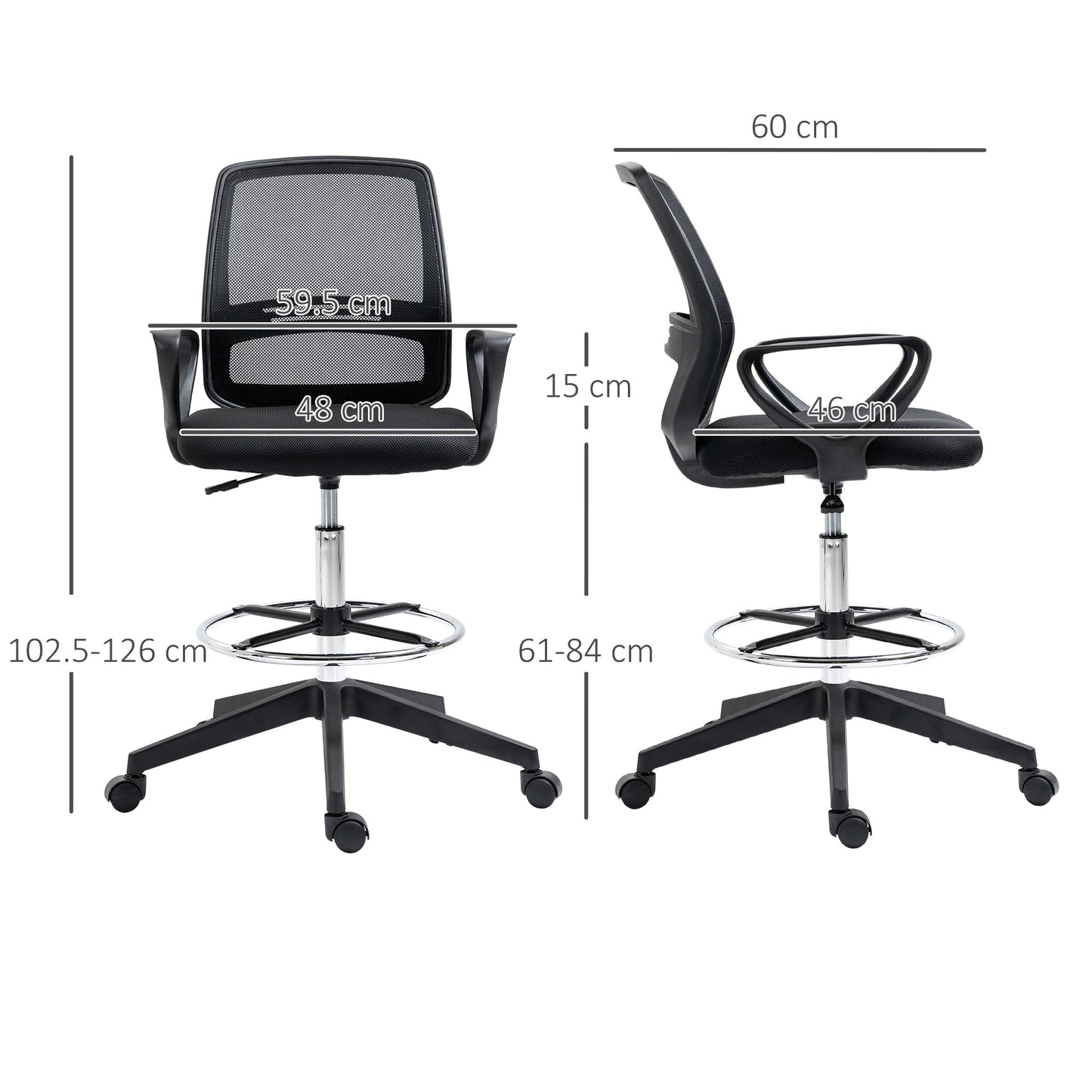 Vinsetto Ergonomic Mesh Back Draughtsman Chairs Tall Office Chair with Adjustable Height and Footrest 360° Swivel, Set of 5