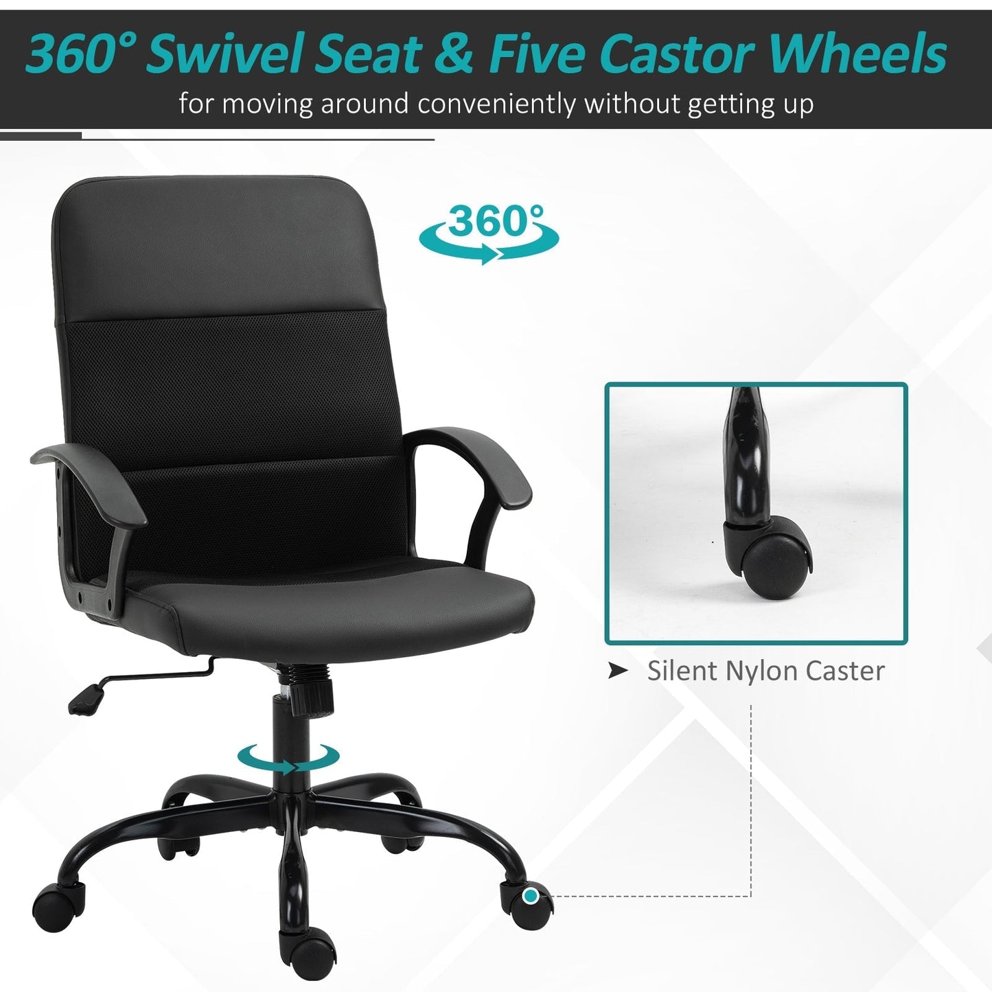 Vinsetto Stylish Office Chair PU Leather & Mesh Panel Blend Desk Chair Swivel Seat w/ Padding Adjustable Height Tilt 5 Wheels, Black