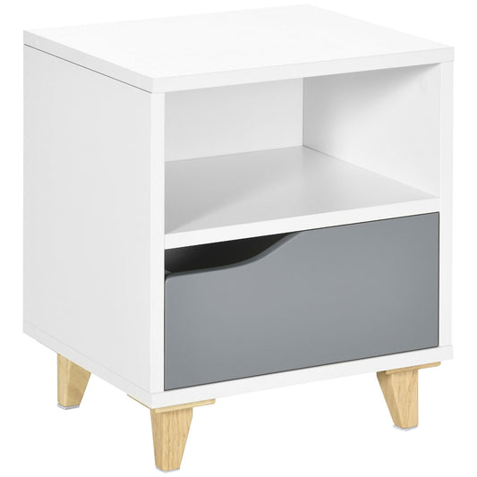 Modern Bedside Table, Side End Table with Shelf, Drawer and Wood Legs, 36.8cmx33cmx43.8cm, White and Grey