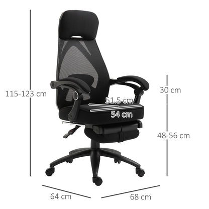 Vinsetto Mesh Office Chair with Footrest for Home Office Lunch Break Recliner High Back Adjustable Height with Headrest, Black