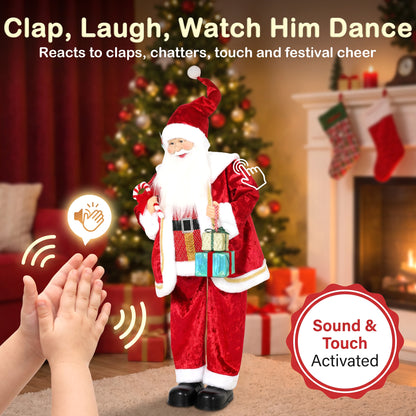 HOMCOM 120cm Life Size Singing Dancing Santa Claus, Standing Musical Animated Santa with Gift and Candy Cane, Posable Arms, Handcrafted, Sound Touch Activated, Moving Christmas Figure Decoration